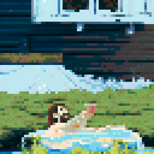 crazy cool guy with long brown hair sitting in a small pool, pixel art, sRGB, background, landscape