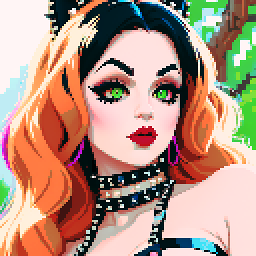 thicc, busty goth cat girl, long hair, eyeliner, red lipstick, studded collar, low cut halter top, up close face portrait, vibrant sega genesis palette, pixel art portrait, edgy aesthetic, pixel art, sRGB