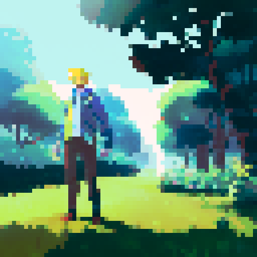 Money-suited man standing in a lush, green field, surrounded by towering skyscrapers and a bright, blue sky