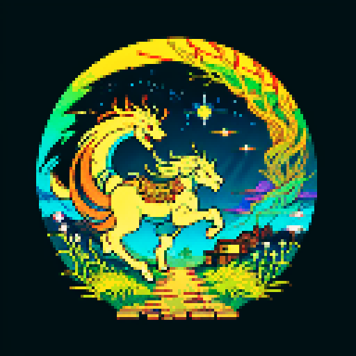 ancient scrolls, weathered and faded, illuminated with vibrant hues, depicting mythical creatures and celestial landscapes, rendered in intricate pixel art
