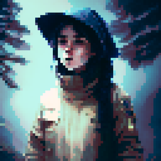 Dark night time in the forest background, midnight, dark forest, profile picture, young girl, rounded face, blue eyes, short black hair, white shirt, beige hat, red neck ribbon, holding an incense stick