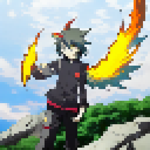 Fiery eyes, sharp horns, and a wicked grin - depict a devil in anime style surrounded by flames.