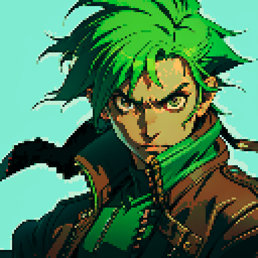 male character, green hair, holding two knives, space pirate, brown leather jacket, retro video game style, pixelated details, no background, dynamic poses