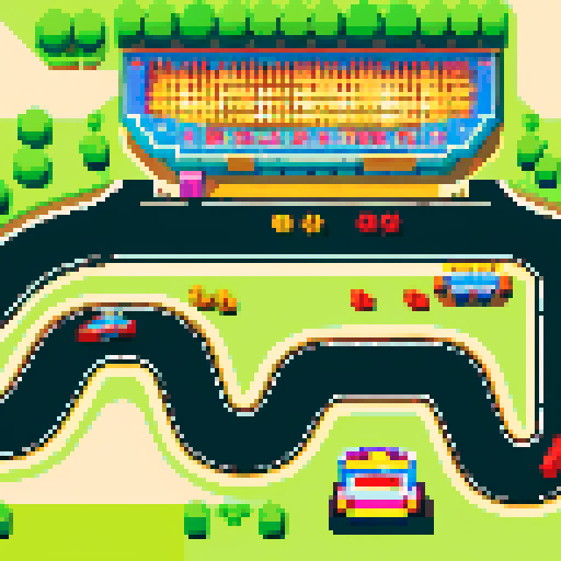 colorful, vibrant, race track, pixelated, sRGB, top-down view