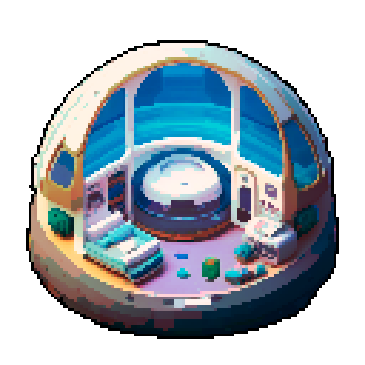 The interior of a small, rounded spaceship interior with smooth, curved walls. The top half is large windows in the back showing space. Like a gachapon. In the center is a cryo-pod with a sleeping human inside.