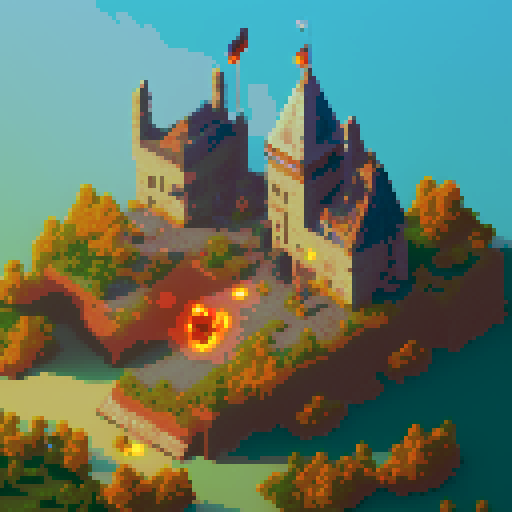 Dragon breathing fire on an ancient castle as soldiers flee in terror, all depicted in a pixel art style with vibrant sRGB colors.