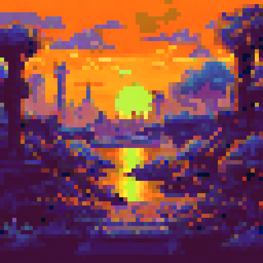 Create a sunset scene in a desolate, abandoned, overgrown, post-humanity countryside where artifacts of human presence are crumbling and rusting away to time.
