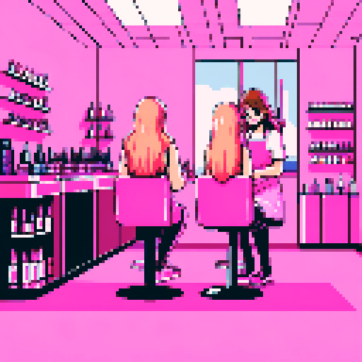 A nail tech with long blonde hair wearing a pink apron and a girl with brown hair sitting and facing each other in a nail salon. Nail polish bottles and UV lamps