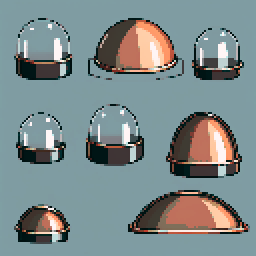 I want a rounded transparent glass half-dome with copper trim and copper rivets around the bottom edge. I want this object usable an asset in a videogame, meaning only one object per image, outlined with a strong black stroke.