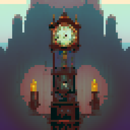 steam clock tower, tall and majestic, intricate gears and cogs, billowing steam, vibrant colors, nostalgic charm, pixel art