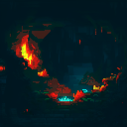 A dark cavern scene with dark stone Stalagmites and Stalactites, glowing red eyes peering from the darkness in the background, and golden treasure and loot scattered across the floor shining