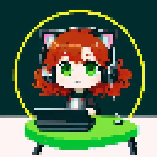 anime style, chibi, redhead, curly hair, green eyes, wearing headphones, goth, sitting at a gaming desk, grey fluffy cat with green eyes on the desk