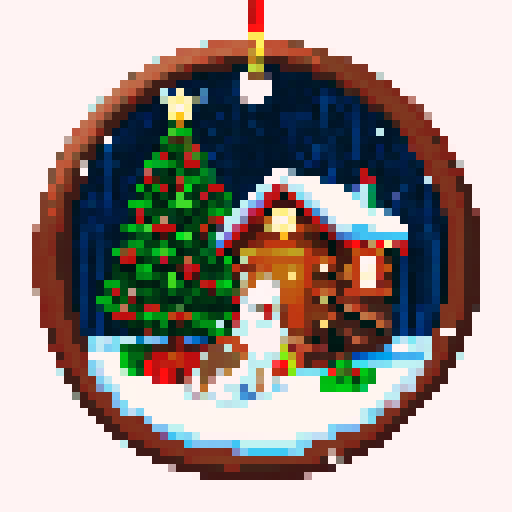 christmas malamute, snowy landscape, cozy log cabin, twinkling fairy lights, pixelated snowflakes, vibrant red and green ornaments, sRGB color palette