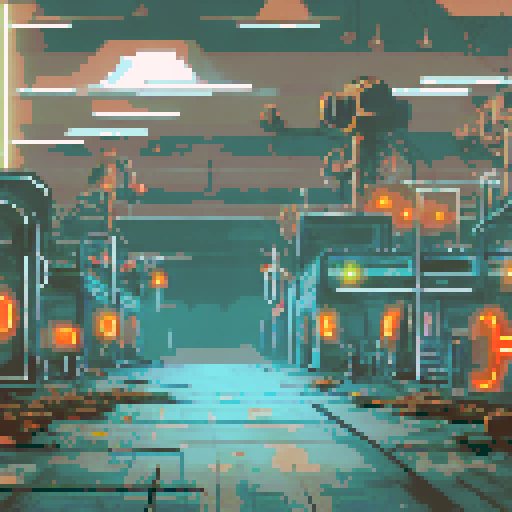 Run-down, apocalyptic atmosphere with dilapidated machinery and sparks flying in a pixel art, sRGB, background landscape of a Futuristic robot factory Towering metal structures and cracked concrete floors create an eerie ambiance, illuminated by flickering neon lights Rusty conveyor belts and broken windows reveal shattered glass, while discarded robot parts lie among overgrown vines Eerie shadows dance across abandoned control panels, with parallax effects adding depth to the scene