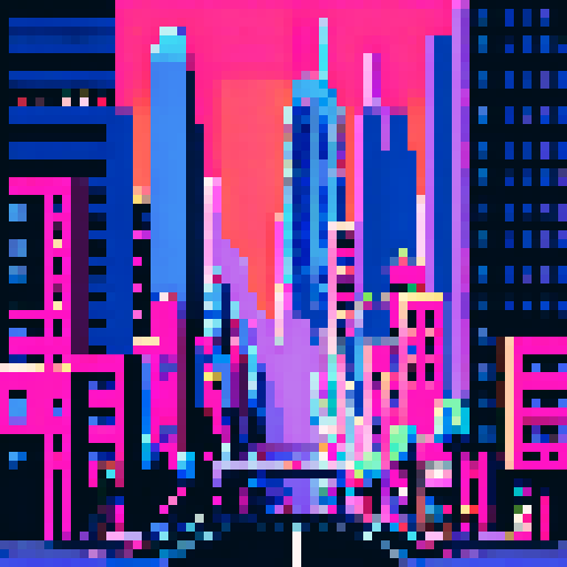 Cityscape, towering skyscrapers, bustling streets, retro video game vibes, blocky pixelated buildings, vibrant color palette, 8-bit art style,ARNE32 palette
