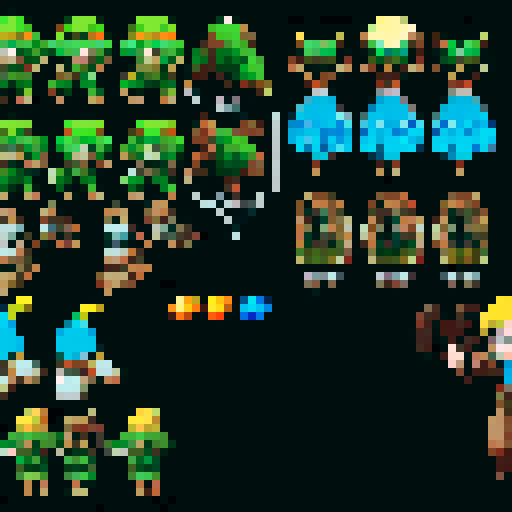 overhead view movement sprite sheet for a ranger in a rpg game serious and detailed with walking in all directions up down left right im using this in asprite tall using for animation of my game 