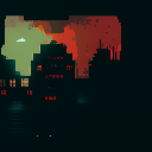 Create a tilesheet for an abandoned factory overrun by virus-infected animatronics that exterminated its human occupants. Depict decay, danger, and chaos with broken machinery, flickering lights, and remnants of the virus. Include damaged crates, shattered windows, ominous shadows, and viral traces. Use dark, desaturated tones for a foreboding atmosphere.