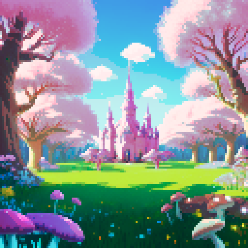 A magical battleground viewed from the inside of a vibrant forest clearing, with a flat grassy surface dominating the foreground. Glowing mushrooms and sparkling flowers line the edges, while tall, enchanted trees and distant castle spires form the background. Soft pastel colors and ambient magical light create a whimsical yet open space for battles.