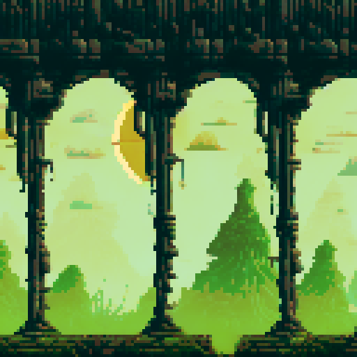 lovecraftian hyeroglyph wall, ancient mystical symbols, eerie purple glow, pixelated landscape, eerie forest, ominous moon, creepy creatures, pixel art props, mysterious artifacts, sRGB color palette