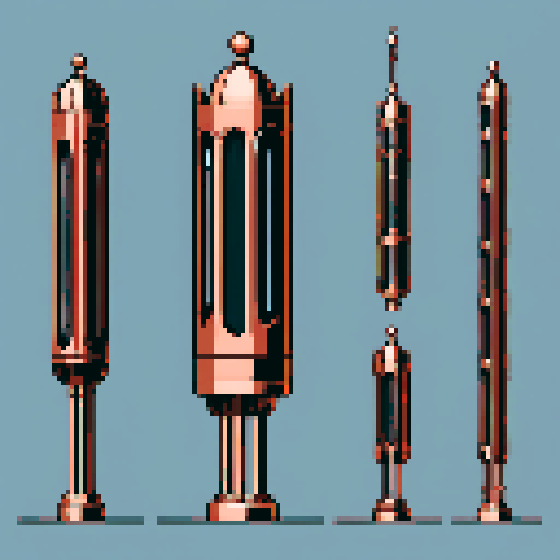 I want a tall vertical copper structure reminiscent of a organ pipe. It should have strange mechanical details that could interlock with each other. I also want this object usable an asset in a videogame, meaning only one object per image, outlined with a strong black stroke, on a solid-color background.