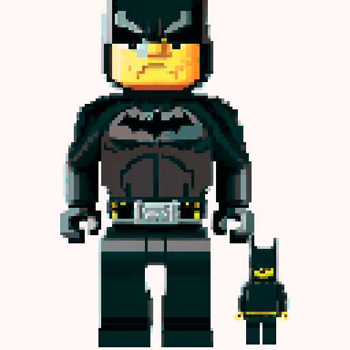 batman, lego, pixel art, sRGB, vibrant colors, blocky details, 8-bit style, dynamic pose, cape flowing, Gotham city backdrop, iconic bat symbol, dark and brooding, square pixels, retro video game aesthetic