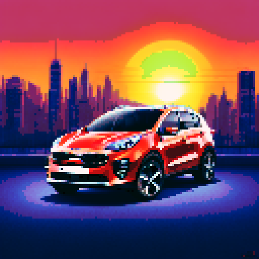 Photorealistic, centered Kia Sportage in a three quarter view, right wheel in front, clean background, pixel art style with sRGB colors