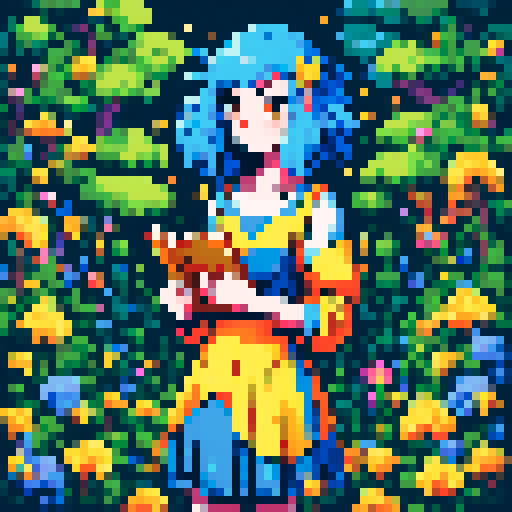 Girl with vibrant blue hair, wearing a flowing yellow dress, holding an ancient leather-bound book, surrounded by a whimsical pixel art garden, with vibrant flowers and lush greenery, all rendered in the vibrant sRGB color space