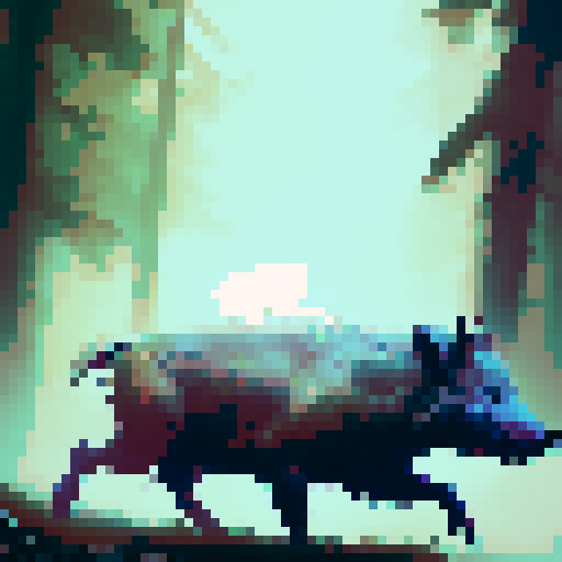 "Rustic watercolor". 

Wild Boar charging through a misty forest, leaves and branches flying as it rages forward with fierce determination.