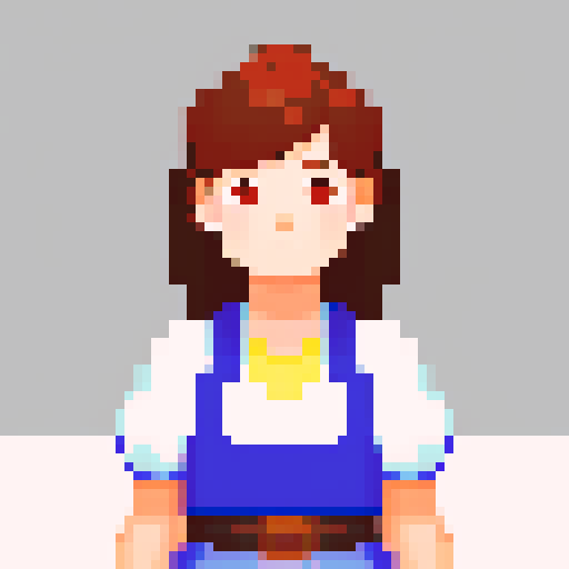 young girl portrait, determined, tavern keeper, resilient, experienced, strong-willed, pixelated, non-vibrant color palette
