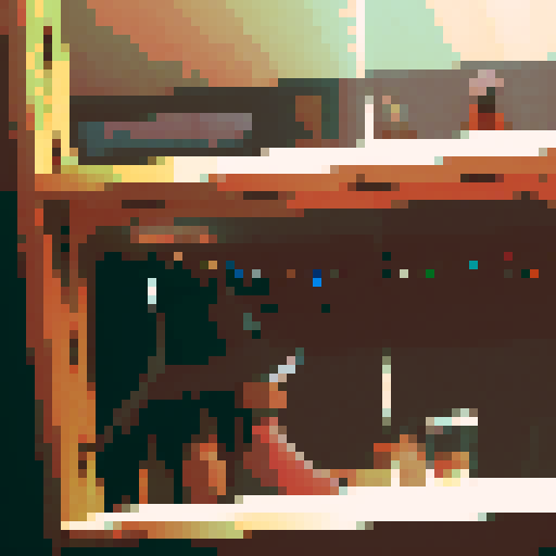 boy with long hair, hat on, bottle next to him, unbothered, mirror reflecting party behind him, only a few other people in the room, pixel art
