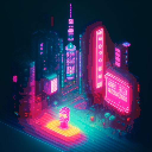 mage girl, neon-lit streets, towering futuristic cityscape, isometric perspective, Japanese cyberpunk, vibrant neon colors, pixel art