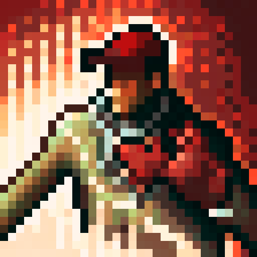 steampunk young man, red coat, red hat, 2D game stance, pixel art, sRGB, red hair