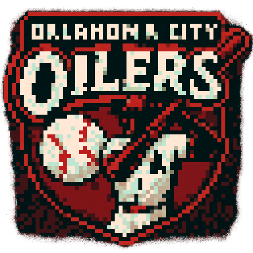 Pixel art of a fictional baseball team called the Oklahoma City Oilers. red, black and white, sharp outlines, and soft pixel shading. The logo design mimics 80s MLB logos. Use a vibrant Sega Genesis 16-bit style with selective dithering, geometric forms, and nostalgic retro charm. Avoid modern gradients—keep it pure pixel art.
