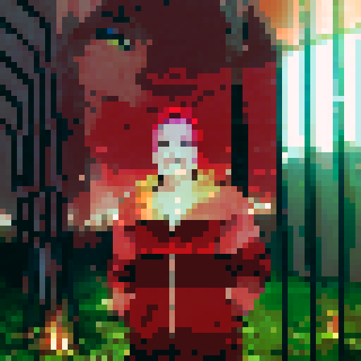 Demon slayer with fiery red hair and piercing green eyes stares fiercely at the viewer in a close-up character portrait, rendered in a vibrant anime style with intricate pixel art details
