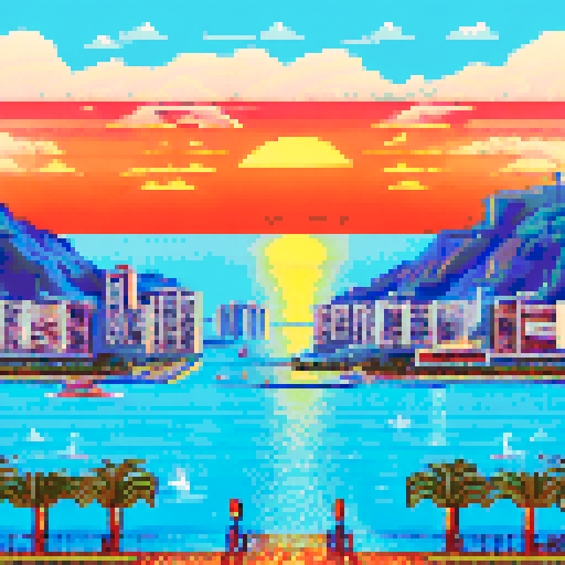 Monaco skyline at sunset, towering palm trees, sparkling ocean, grandstands filled with spectators cheering on their favorite racer, all depicted in retro pixel art style with a muted sRGB color palette