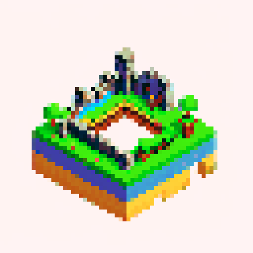 isometric view, stone bridge, deep chasm, fortress on the left, wider planes on the right, pixel art, sRGB