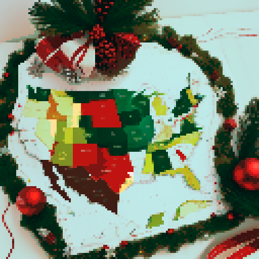 Holiday greeting card, professional, modern, minimalist. Geographic map of the United States. Christmas theme. 