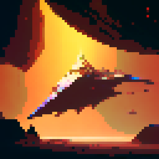 alien spaceship, triangular shape, top down view, vibrant colors, pixel art, glowing lights, metallic exterior, sleek design, futuristic aesthetic, retro-inspired, intricate details, geometric patterns, otherworldly presence, sci-fi atmosphere, red