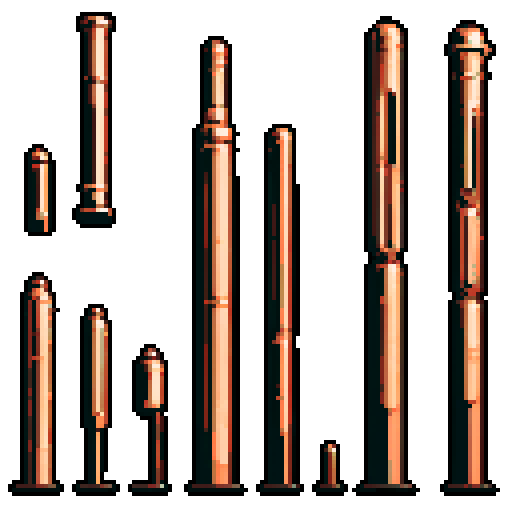I want a tall vertical copper structure reminiscent of a organ pipe. It should have strange mechanical details that could interlock with each other. I also want this object usable an asset in a videogame, meaning only one object per image, outlined with a strong black stroke, on a solid-color background.