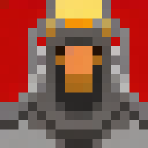 knight, medieval, pixel art, close up, portrait, helmet with golden visor, chainmail armor, flowing red cape, fierce expression, shining sword, shield with heraldic design, battle scars