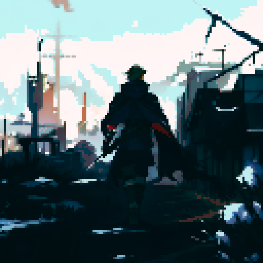 Final fantasy tactics detail soldier walking towards war torn city with a panzer faust on his back and a rifle in his hand. A Squad Mate of his is looking towards him in background, he has a cape on and a hood. City has snow on it. Colorful but not to bright of colors. 
