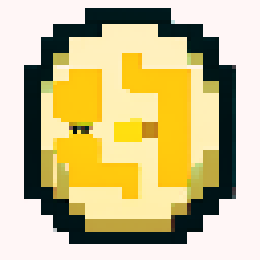 Imagine a digital, pixelated coin, shimmering with a bright golden hue. This coin has a classic round shape, resembling a traditional coin, but its surface is made up of tiny, square pixels, giving it a distinctly digital and retro video game look. The pixels catch light at various angles, making the coin glint and sparkle. On its surface, there is a simple, pixelated design – perhaps a symbol or a character – that is iconic and easy to recognize, yet rendered in a minimalist, blocky style typic