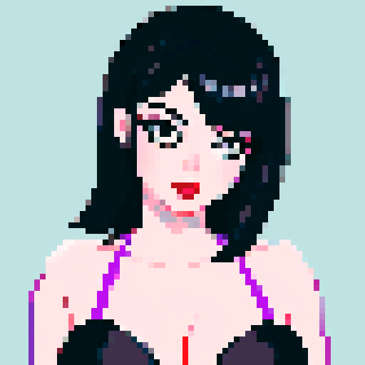 curvy, cute goth girl with black hair, purple eyeshadow, and red lipstick, wearing a bikini, in a glamour shot, with pixel art and sRGB style