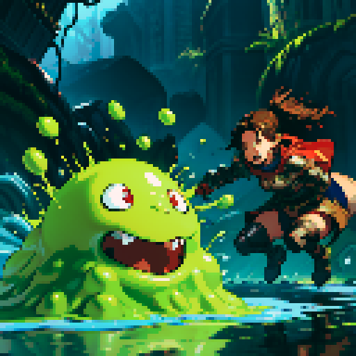 slime surging up around someone, slime engulfing a hero, slime consuming a hero, hero getting engulfed by slime, slime attack, dynamic, slime slamming into someone, impact, splashing slime, full-body image, full-body art, metal armor, brown hair