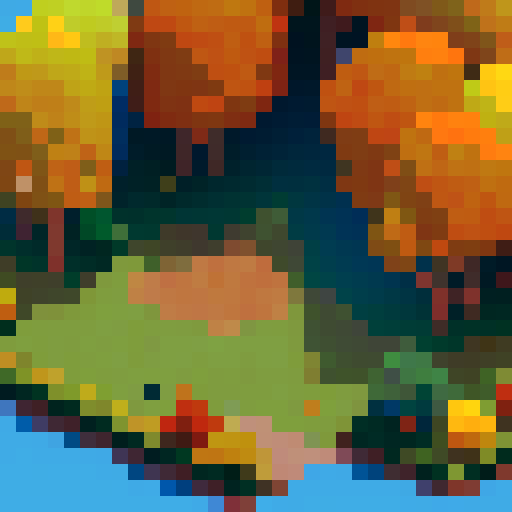 top-down perspective, aspen tree, vibrant autumn colors, pixel art, detailed leaves, towering trunk, sunlight filtering through branches, pixelated bark texture, crisp blue sky, tiny birds perched on branches