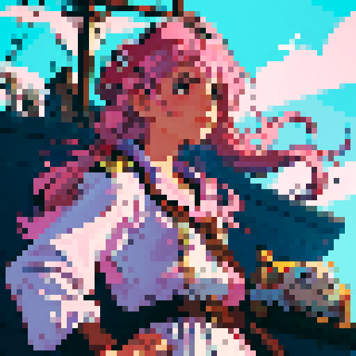 female pirate captain with pink hair, white frilly shirt, captain's hat, holding flintlock pistols, on the bow of her ship, looking defiant, against sinister albatrosses, crabs, deep sea creatures, pixel art