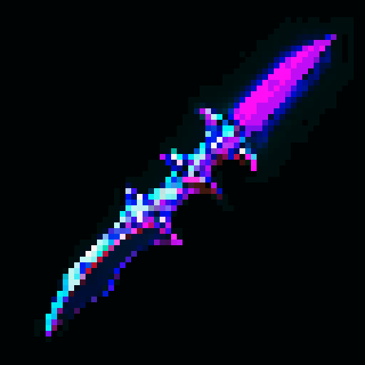 rogue's dagger, intricate hilt, gleaming blade, shadowy backdrop, dramatic lighting, vibrant color palette, pixelated details, sRGB color space