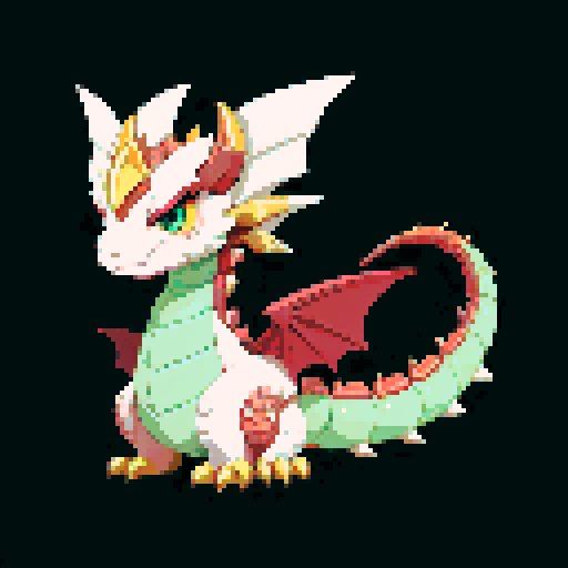 A majestic, fully grown dragon with gleaming scales and powerful wings. It has a wise and regal expression, with large horns and a long, spiked tail. Its eyes are filled with ancient knowledge, and it exudes an aura of strength and authority. No background.
