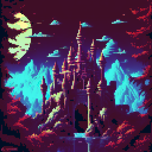 Pixel world, nature, an abandoned castle, plants, full moon, midnight, one moon, devastation, emptiness
