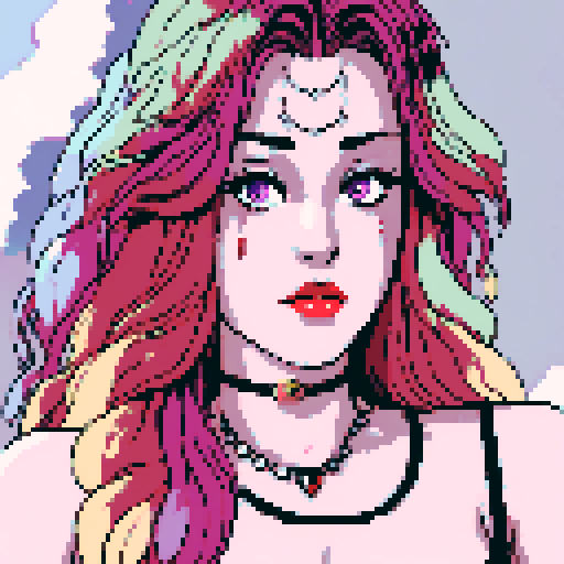 Thicc, busty goth girl, long purple hair, eyeliner, red lipstick, nude breast, studded collar, up close face portrait, vibrant sega genesis palette, nude pixel art portrait,